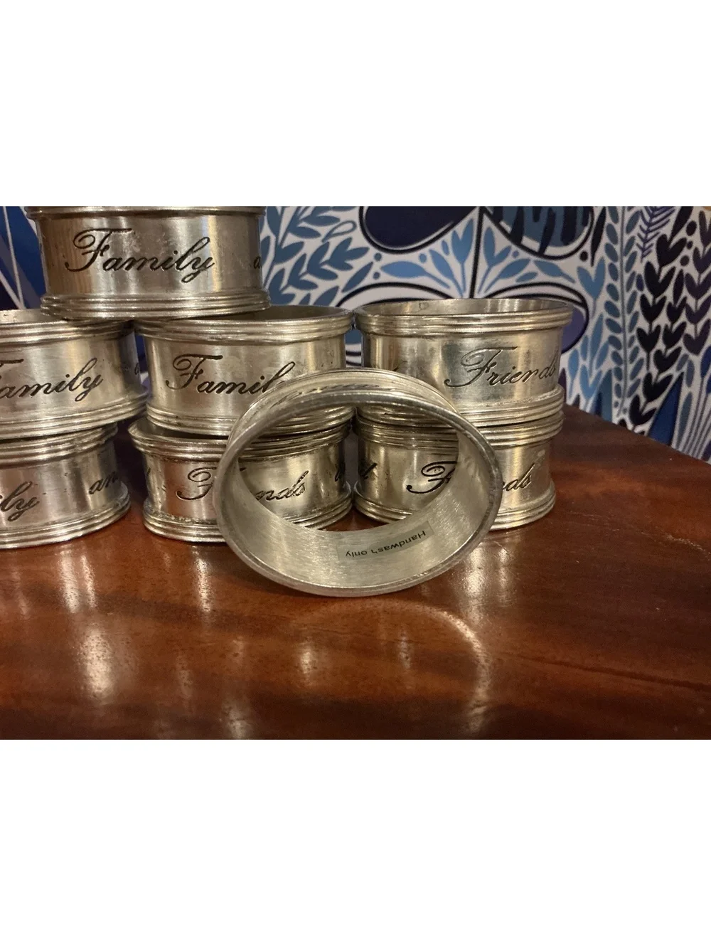 Pottery Barn Silver Napkin Rings, Family Friends Engraved, Set of 8